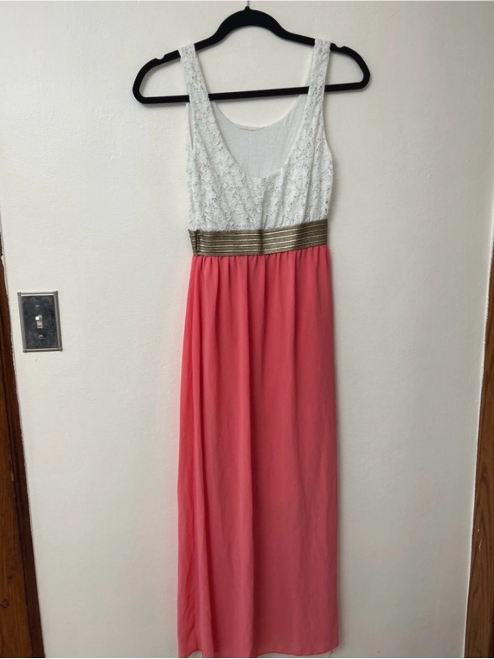 White Lace and Coral Maxi Dress with Gold Waistband
